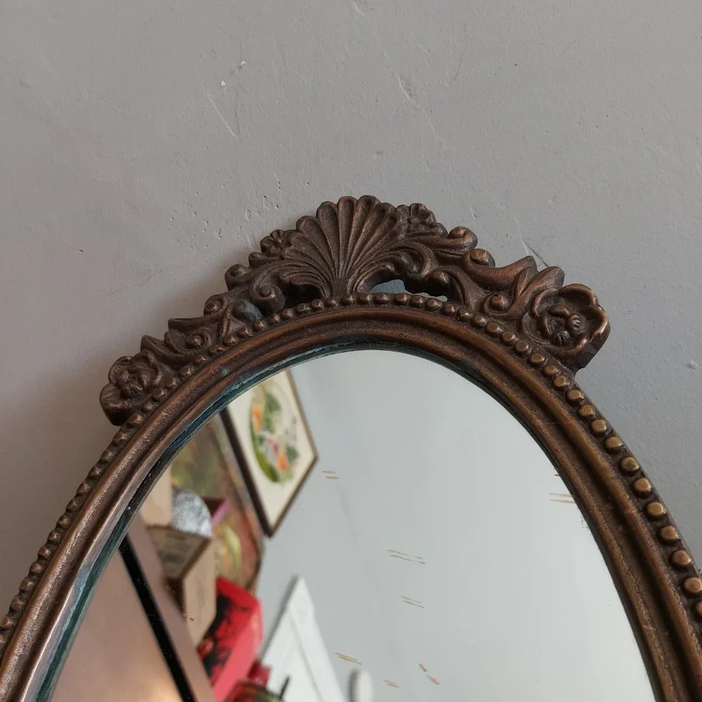 Vintage Ornate Oval Vanity Mirror Bronze Cast Metal Shell Ribbon Bow 14x7.75in